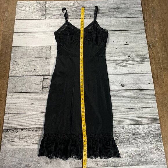Vintage Babydoll Slip Dress Black Satin Sheer Lace Trim Ruffle Nightgown - Picture 10 of 13